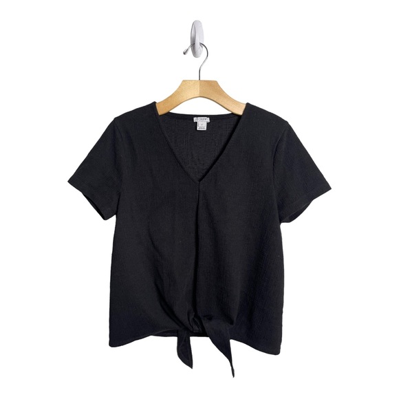 J. Crew Tops - J Crew Women’s Black Textured V-Neck Front Tie T-Shirt Short Sleeve Size Medium